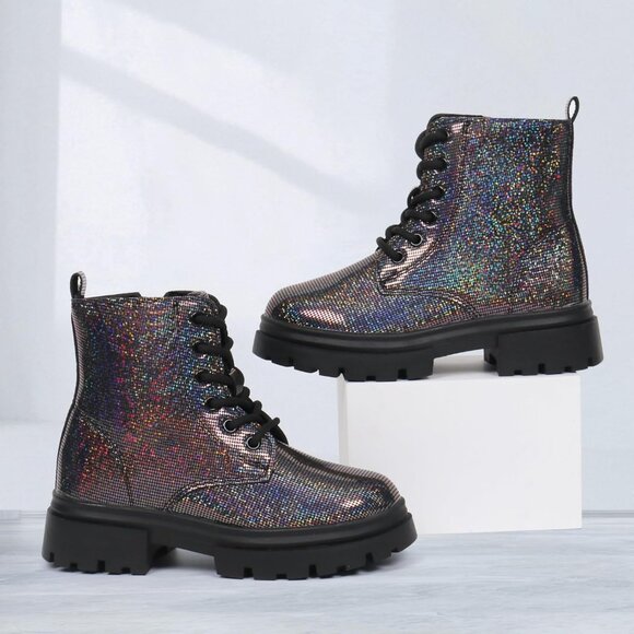 starmerx Girls Ankle Boot grey Lace Up Side Zipper Comfortable shiny upper - Picture 5 of 6